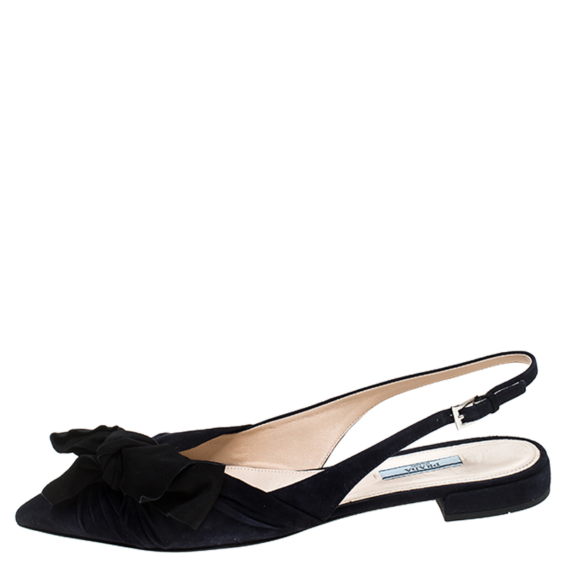 

Prada Navy Blue Suede Bow Detail Slingback Flats Size