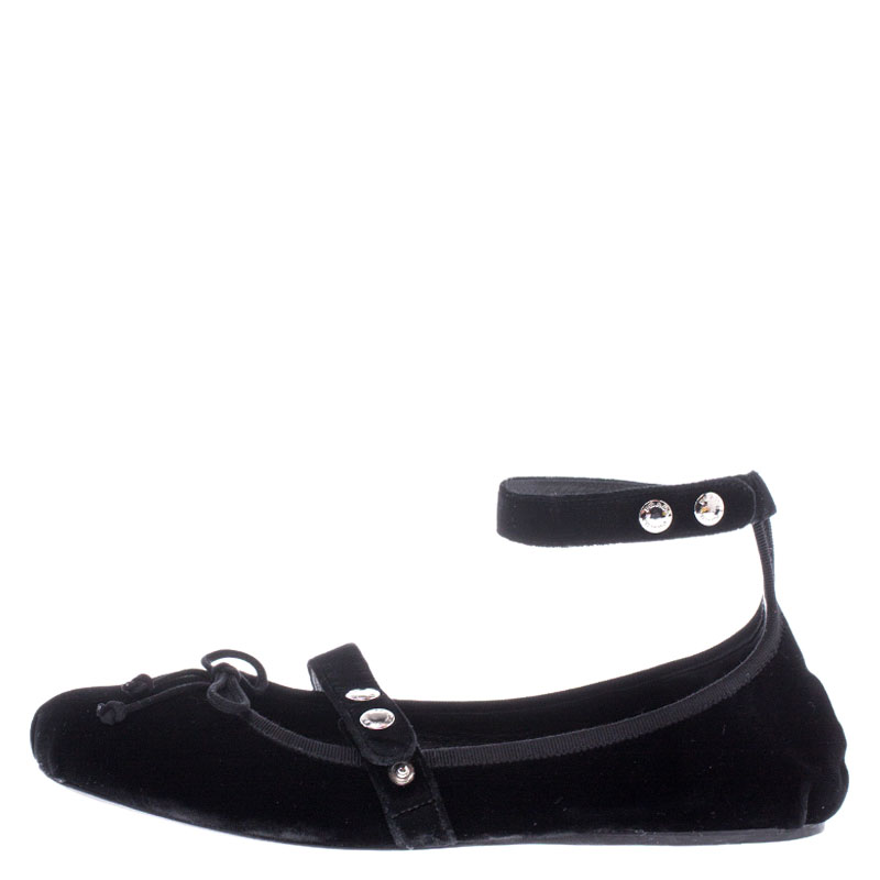 

Prada Black Velvet Ankle Strap Bow Detail Ballet Flats Size