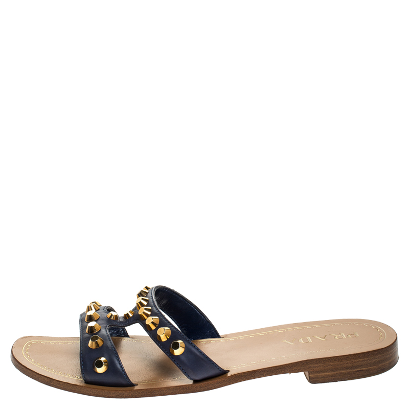 

Prada Blue Leather Studded Flat Slides Size