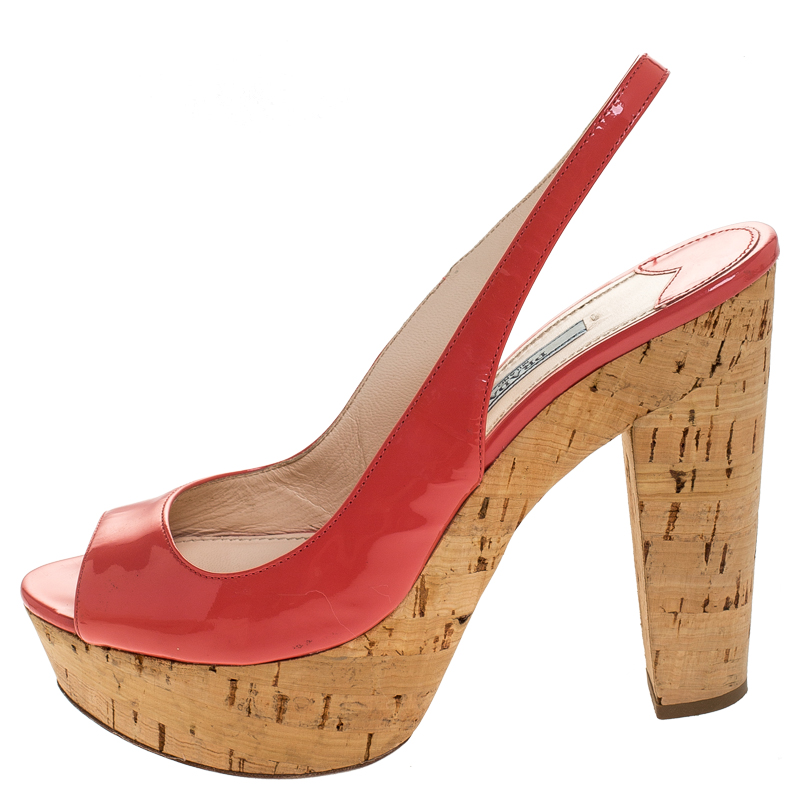 

Prada Pink Patent Leather Cork Platform Slingback Sandals Size