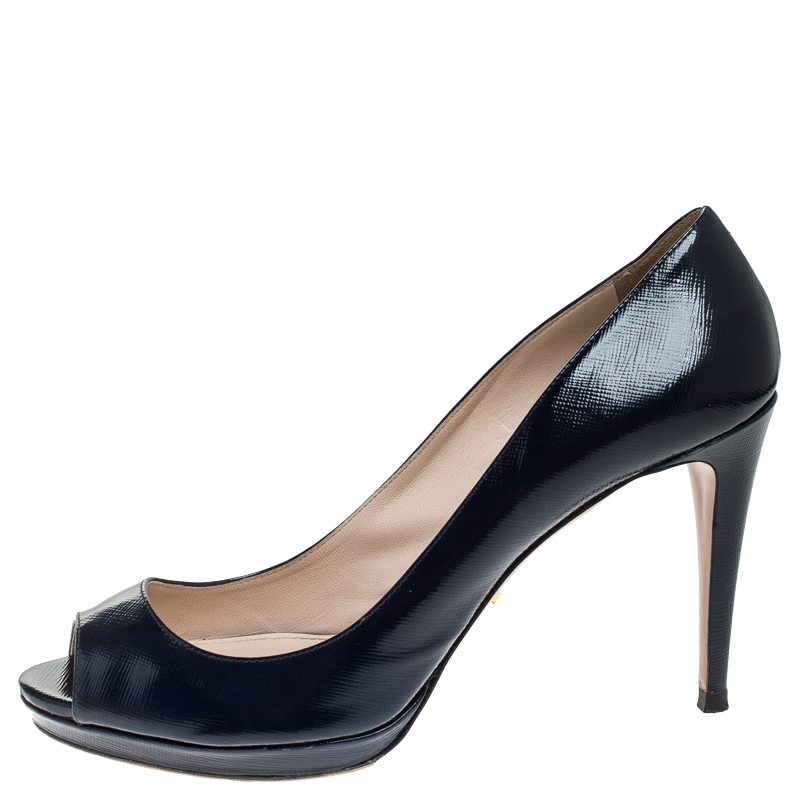 

Prada Blue Patent Peep Toe Platform Pumps Size