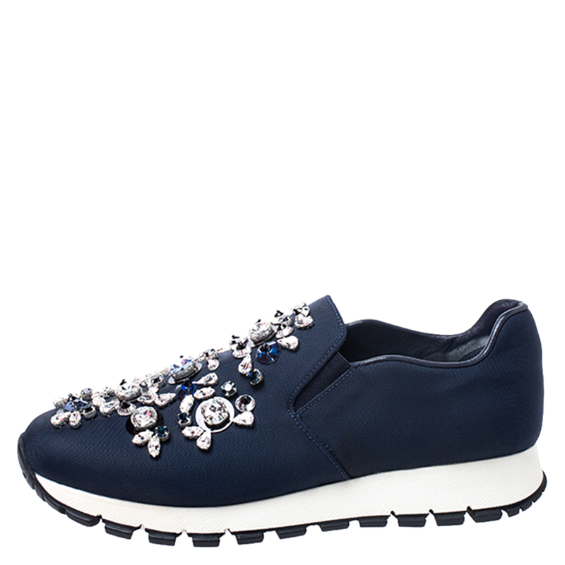 

Prada Navy Blue Canvas Crystal Embellished Slip On Sneakers Size