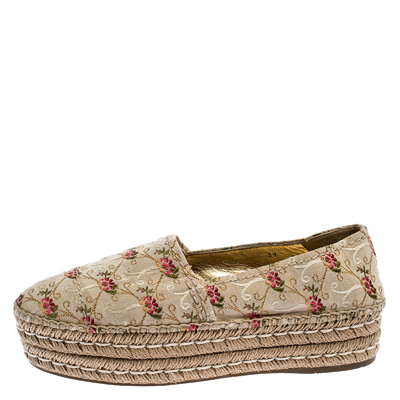 

Prada Beige Floral Embroidered Canvas Platform Espadrille Flats Size, Multicolor