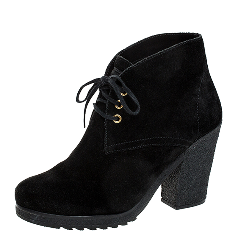 Pre Owned Prada Black Suede Block Heel Lace Up Ankle Boots Size 38.5