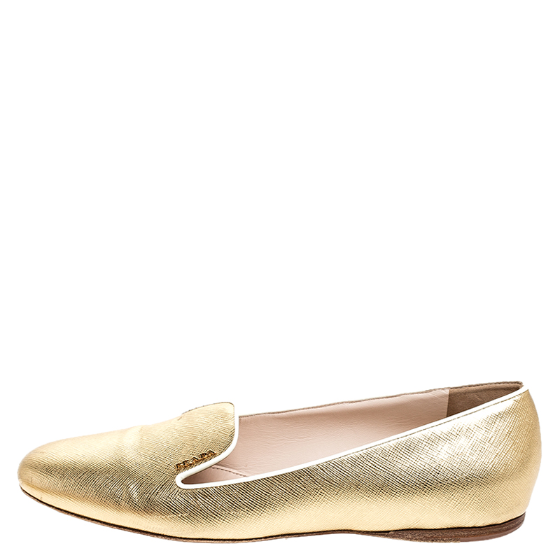 

Prada Metallic Gold Saffiano Leather Smoking Slippers Size