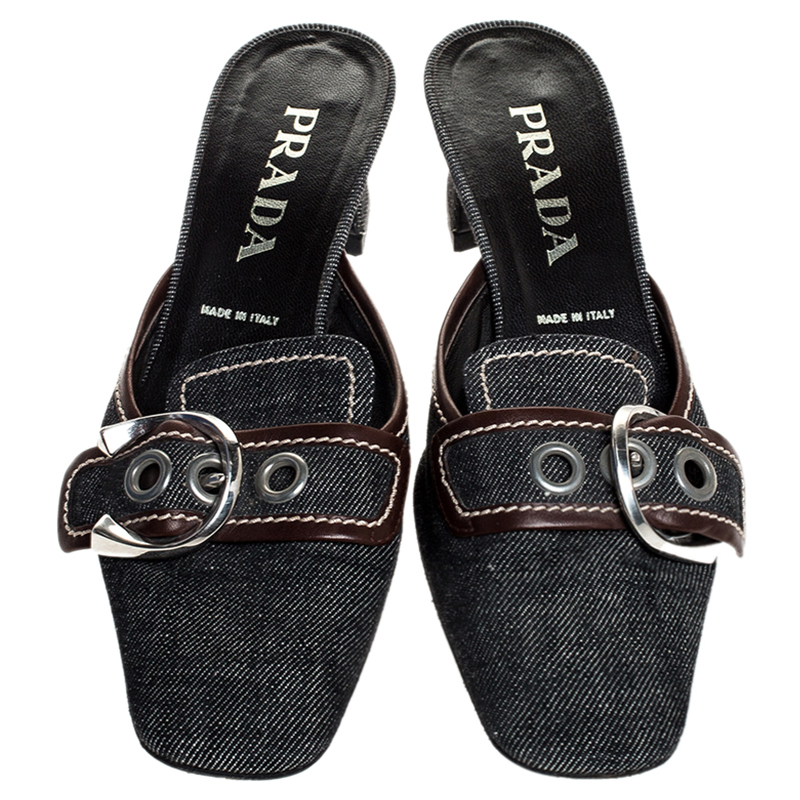 Prada Black Denim Buckle Mule Sandals Size 38 Prada TLC