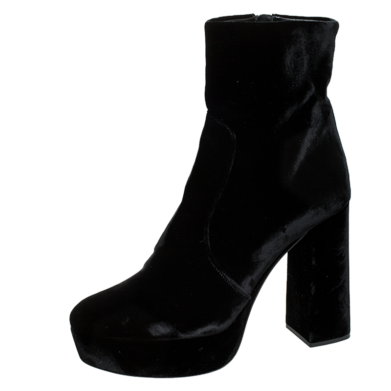 Pre-owned Prada Black Velvet Zip Platform Ankle Boots Size 41