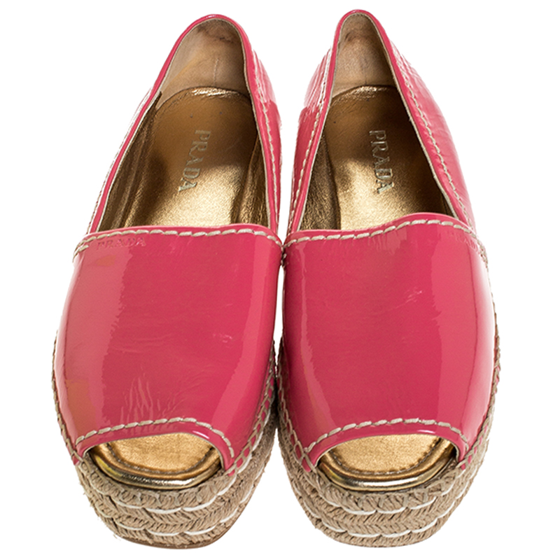 Pre-owned Prada Pink Patent Leather Peep Toe Platform Espadrilles Size 40