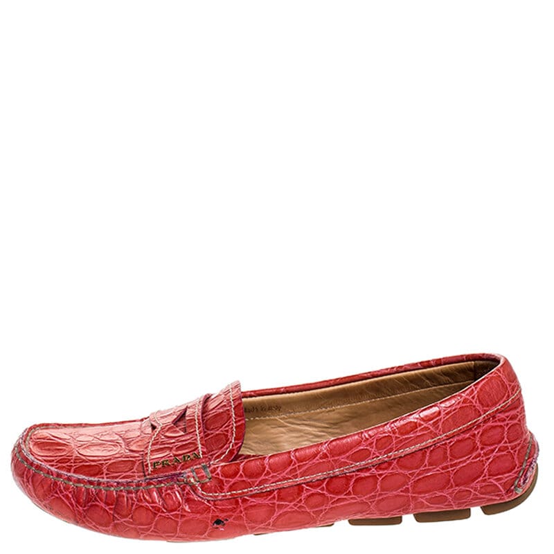 

Prada Red Croc Embossed Leather Penny Loafers Size