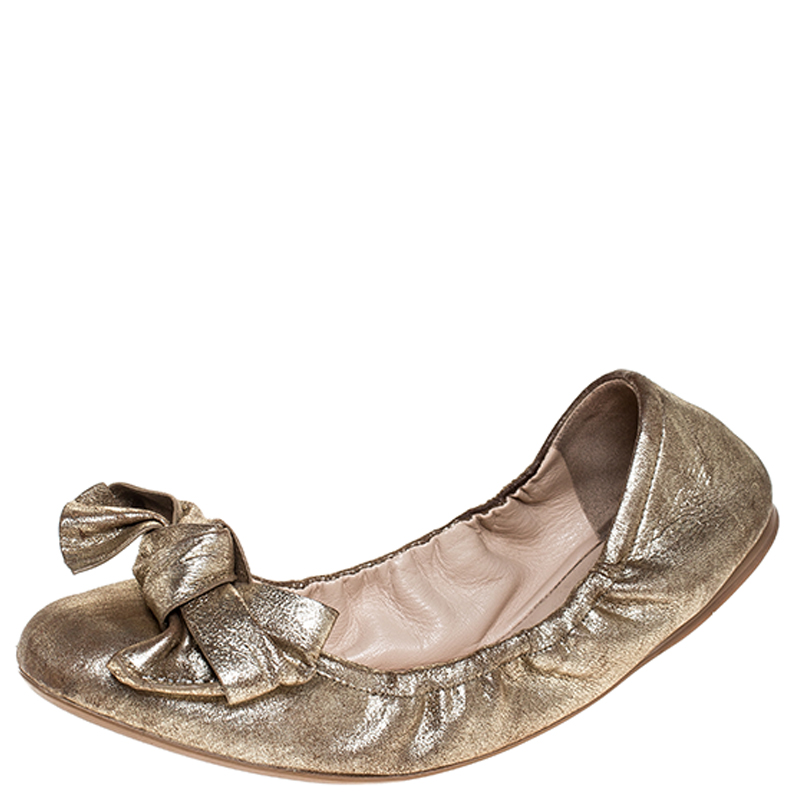  Prada Metallic Gold Leather Bow Logo Scrunch Ballet Flats Size 40.5