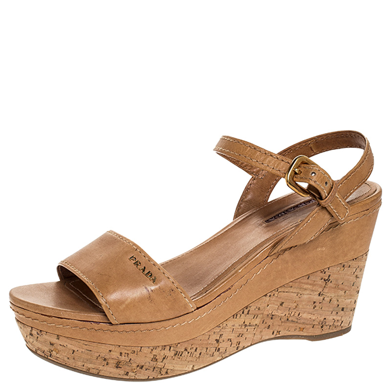 Prada Tan Leather Cork Wedge Ankle Strap Open Toe Sandals Size 38