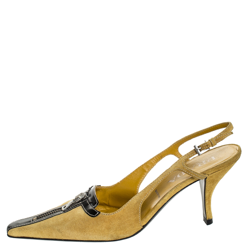 

Prada Yellow Suede And Black Leather Zip Detail Pointed Toe Slingback Sandals Size