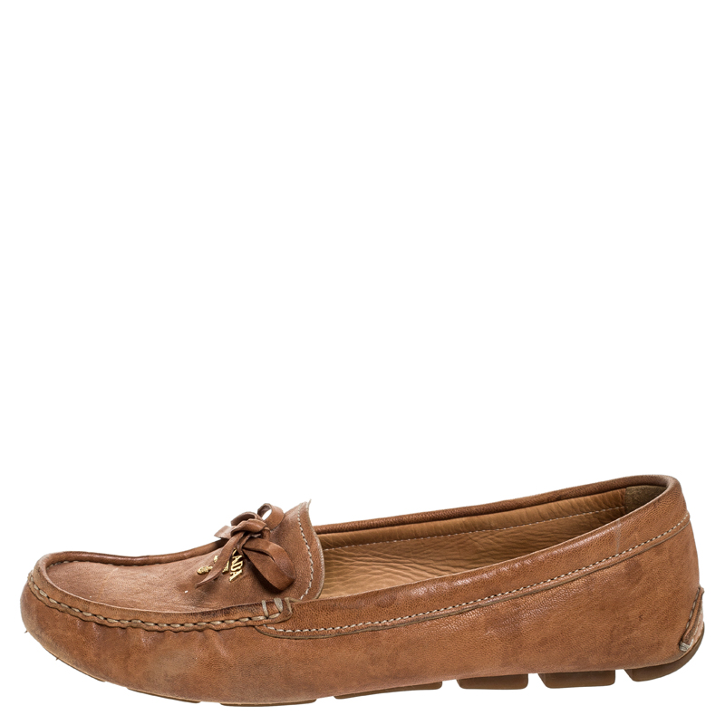 

Prada Tan Leather Bow Loafers Size, Brown