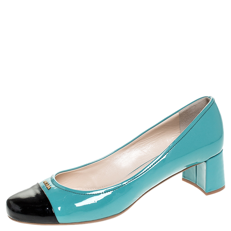 Pre Owned Prada Two Tone Patent Leather Cap Toe Block Heel Pumps Size 39.5