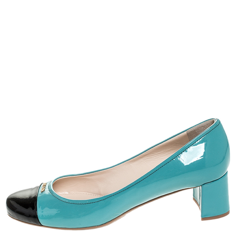 

Prada Two Tone Patent Leather Cap Toe Block Heel Pumps Size, Blue