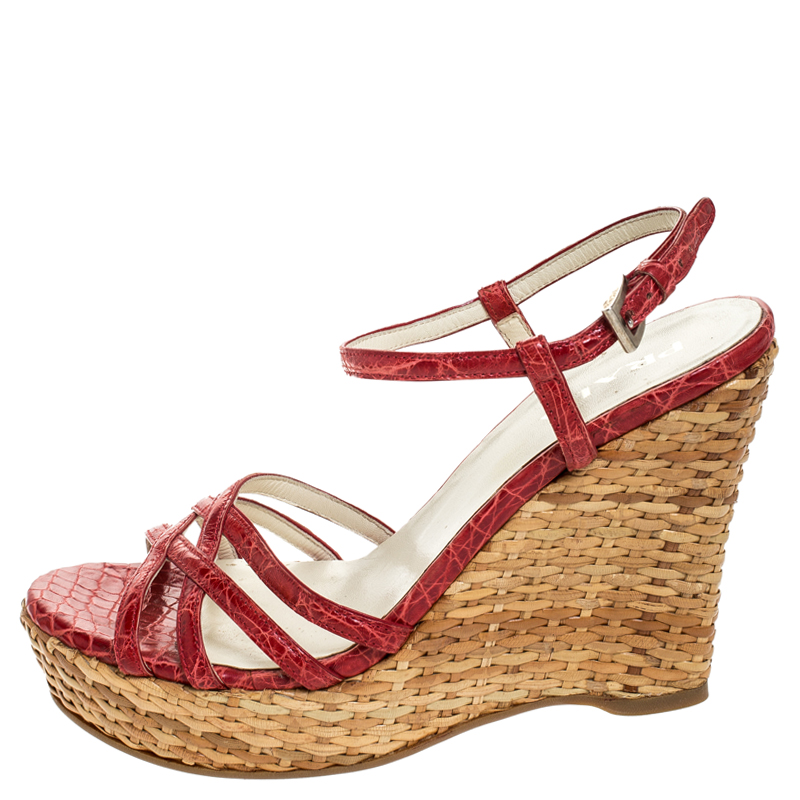 

Prada Red Croc Embossed Leather and Rattan Basket Weave Wedge Sandals Size