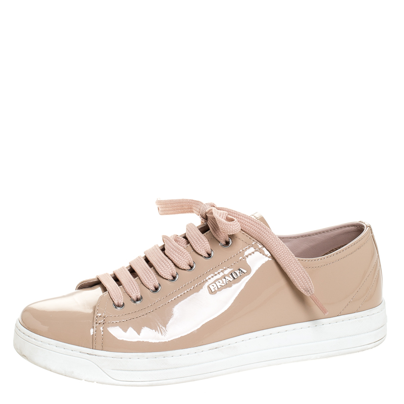 Prada Beige Patent Leather Lace Up Sneakers Size 39