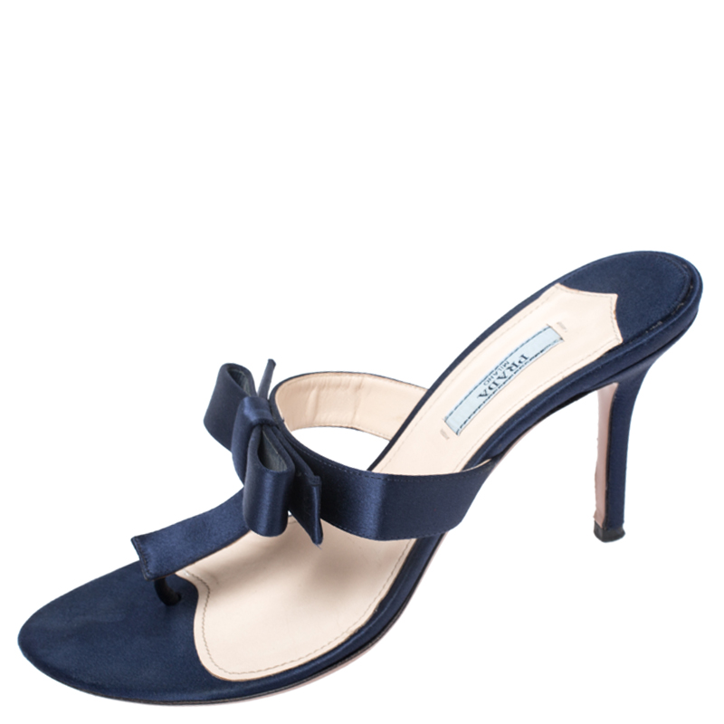 

Prada Blue Satin Fuoco Bow Thong Sandals Size
