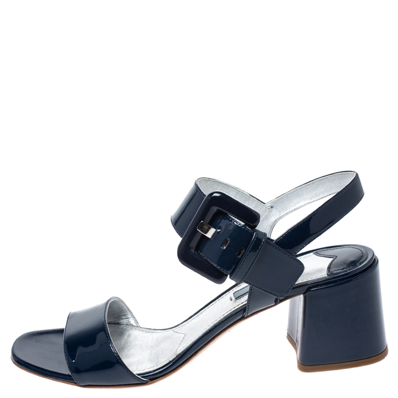

Prada Blue Patent Leather Block Heel Ankle Strap Sandals Size