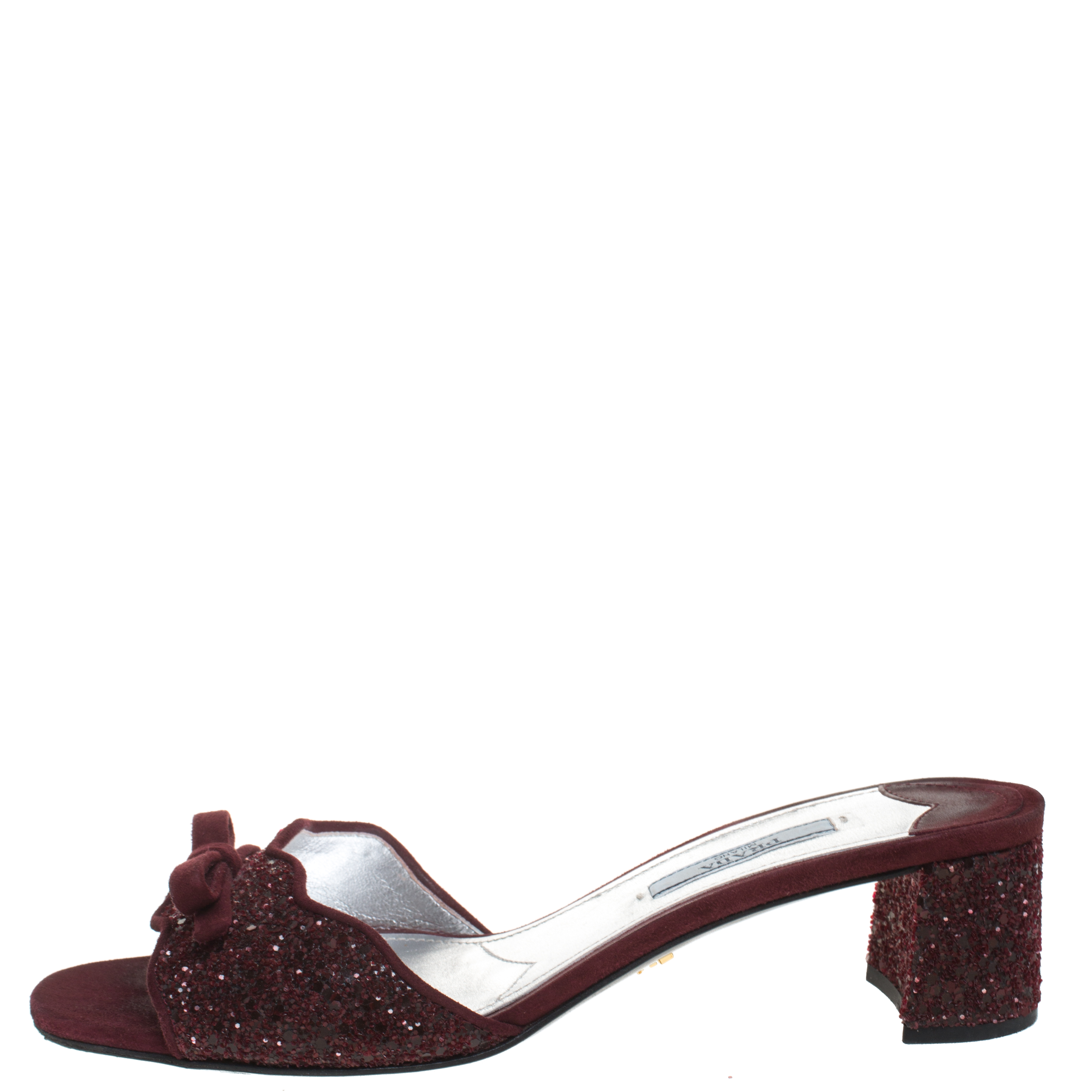 

Prada Burgundy Coarse Glitter Suede Block Heel Slides Size