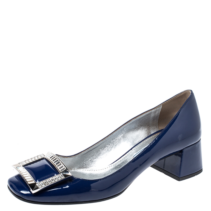 Prada Blue Patent Leather Crystal Buckle Block Heel Pumps