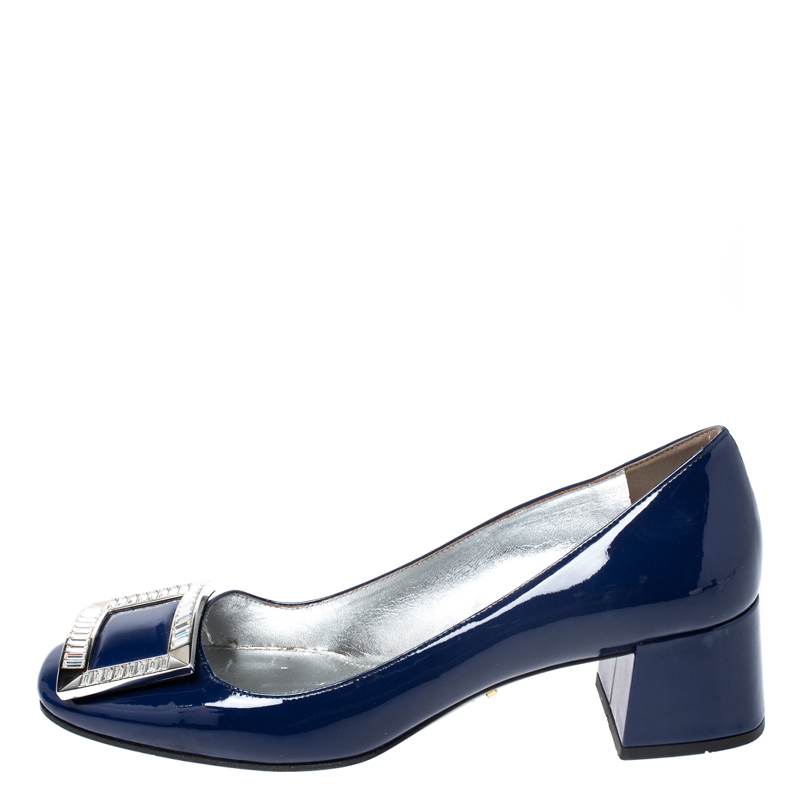 

Prada Blue Patent Leather Crystal Buckle Block Heel Pumps Size
