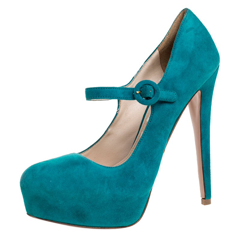 

Prada Teal Suede Mary Jane Platform Pumps Size, Green