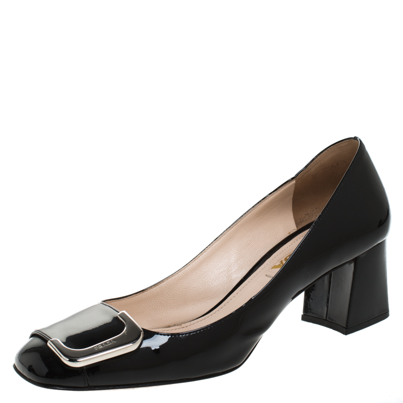 black patent leather block heel pumps
