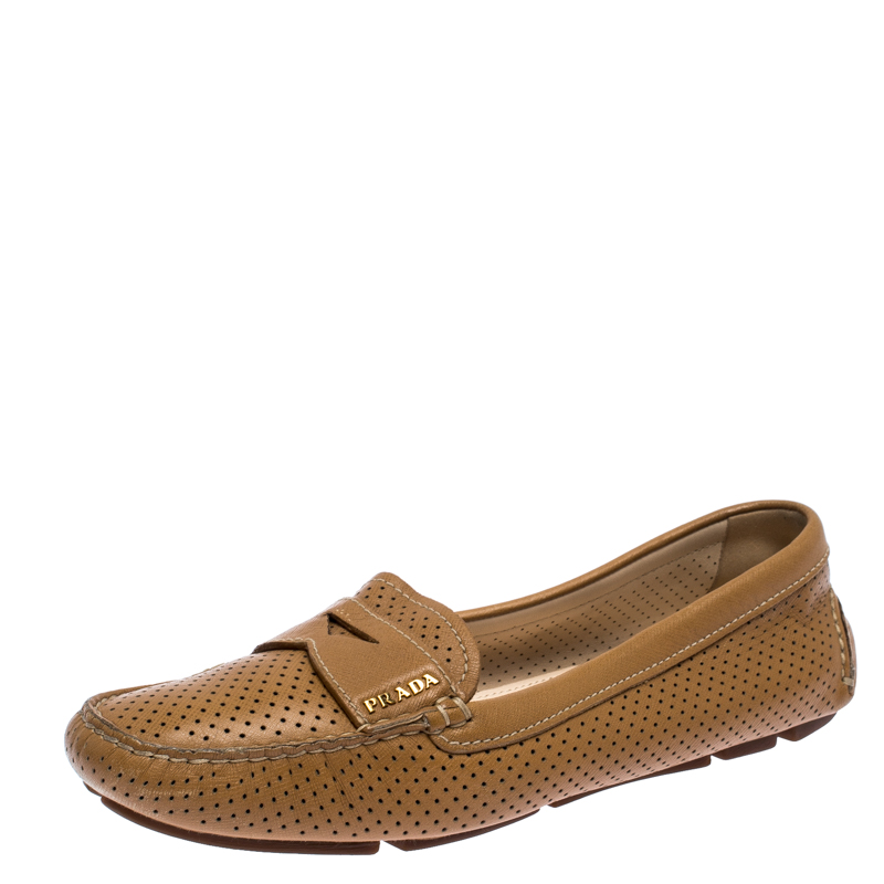 Pre Owned Prada Brown Perforated Leather Slip On Loafers Size 38