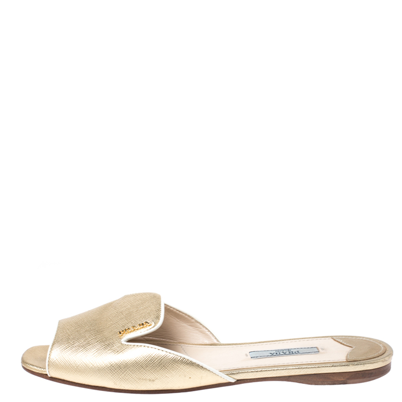 

Prada Metallic Gold Saffiano Leather Flat Slides Size