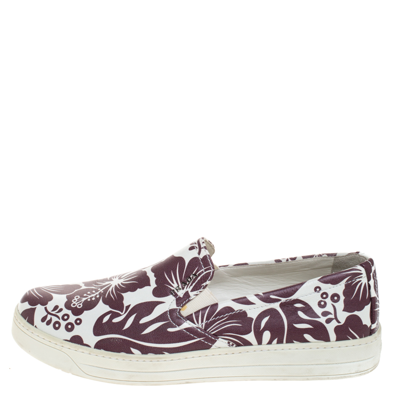 

Prada White/Purple Floral Printed Leather Linea Rossa Slip On Sneakers Size