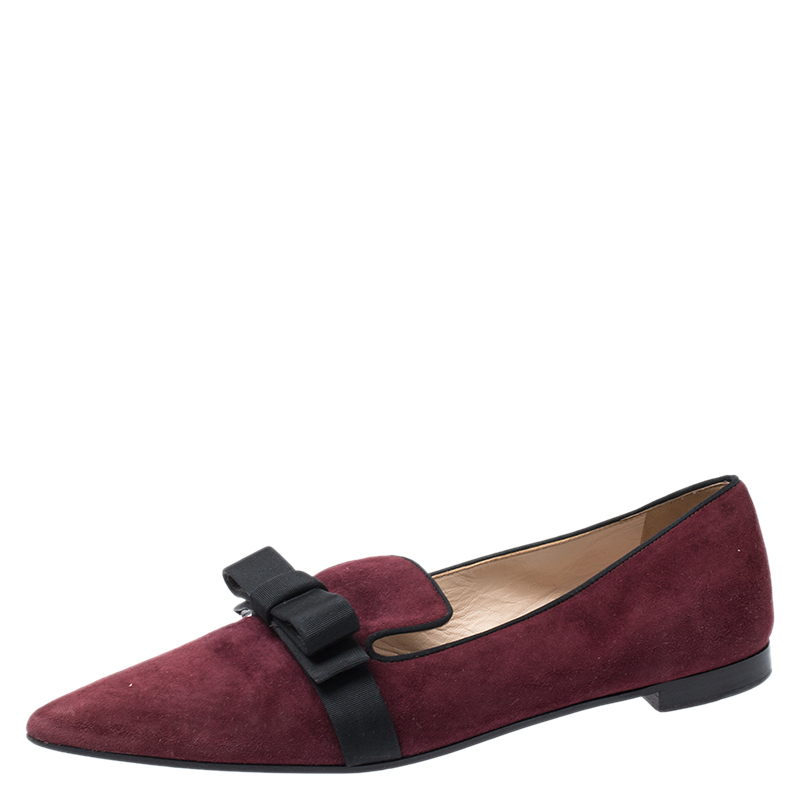Pre Owned Prada Burgundy Suede Bow Pointed Toe Loafers Size 40