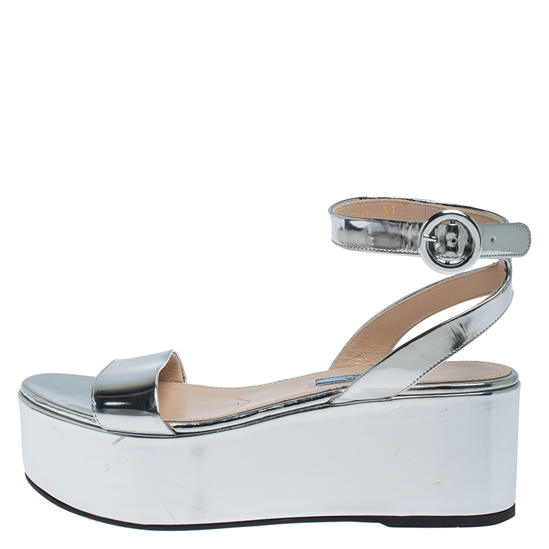

Prada Silver Leather Ankle Strap Platform Sandals Size