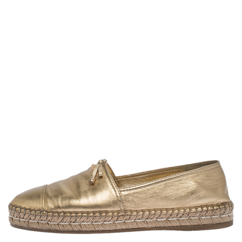 

Prada Metallic Gold Leather Bow Espadrille Flats Size