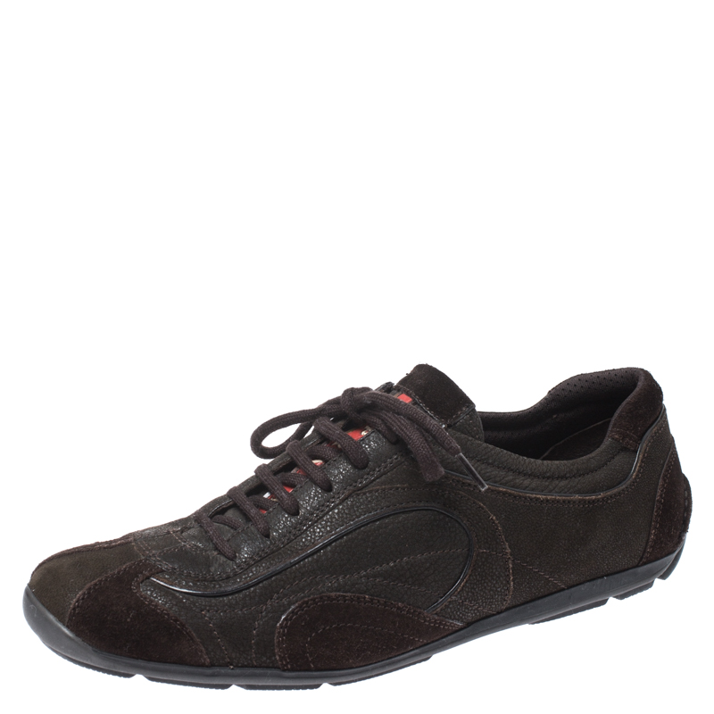 

Prada Dark Brown Leather and Suede Lace Up Low Top Sneakers Size