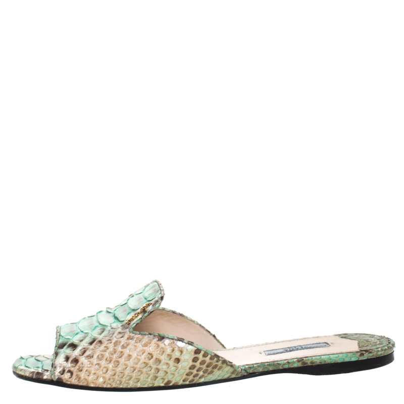 

Prada Green/Beige Python Flat Slides Size