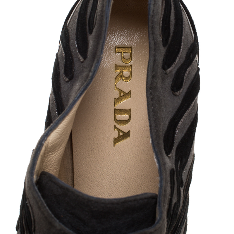 Pre-owned Prada Grey/black Flame Detail Suede And Leather Lace Up Booties Size 37