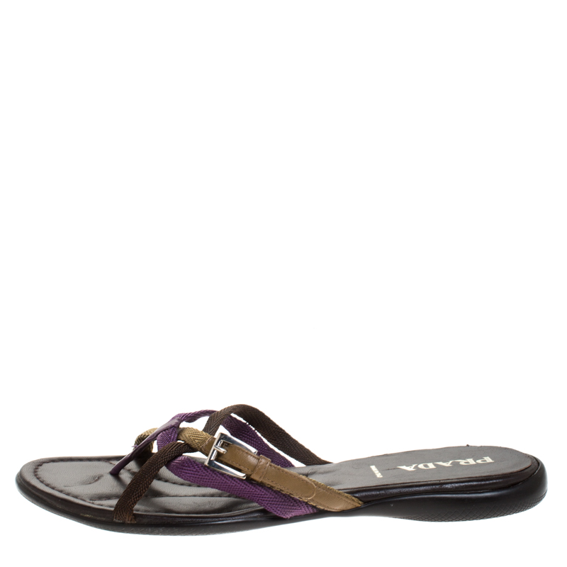 

Prada Multicolor Fabric And Leather Buckle Detail Cross Strap Slide Flats Size
