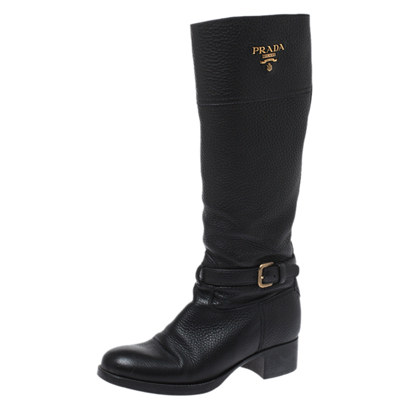 Pre Owned Prada Black Leather Mid Calf Boots Size 38.5