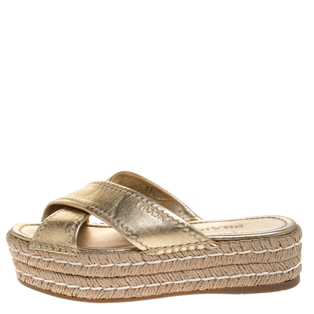 

Prada Metallic Gold Leather Cross Strap Espadrille Platform Slides Size