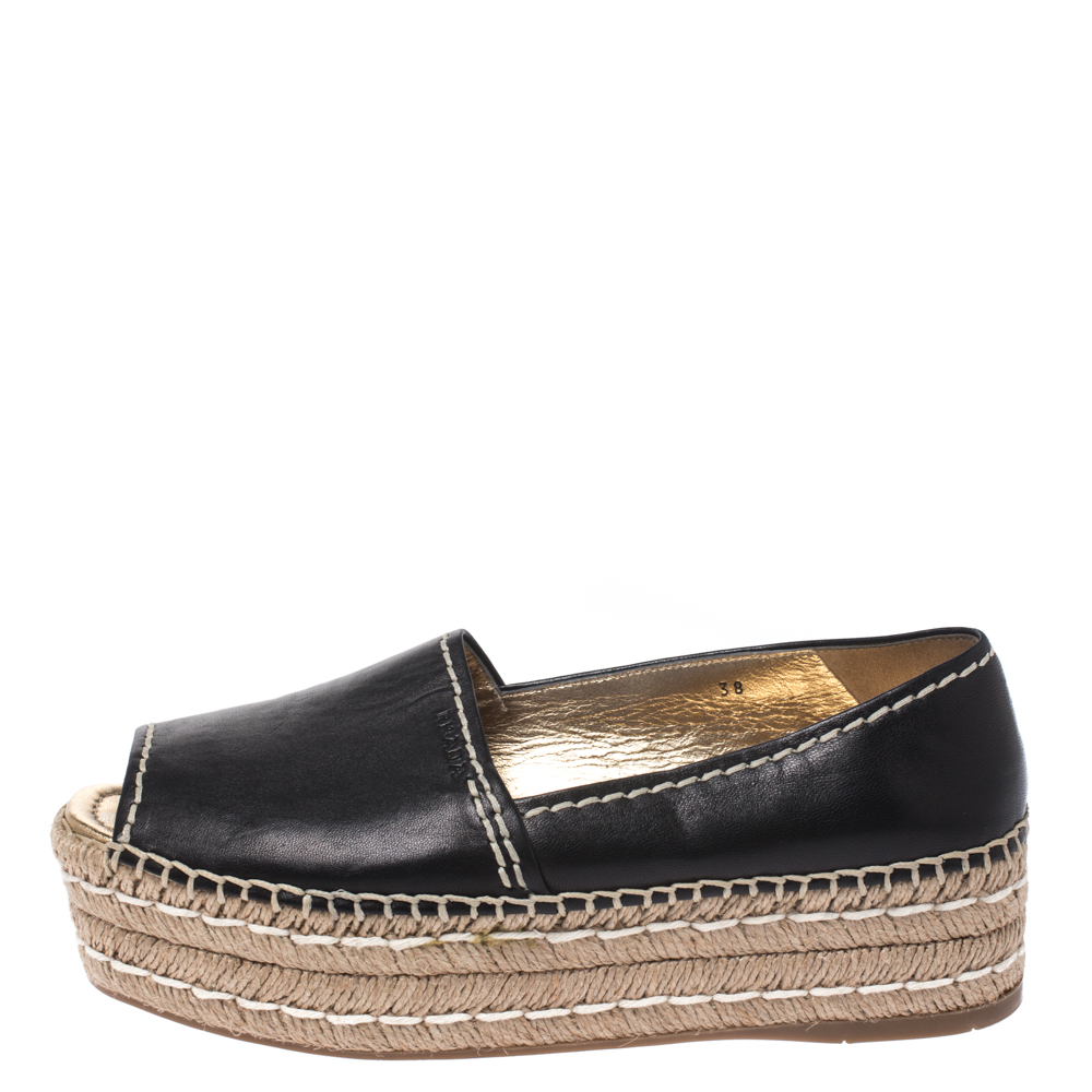 

Prada Black Leather Open Toe Platform Espadrilles Size