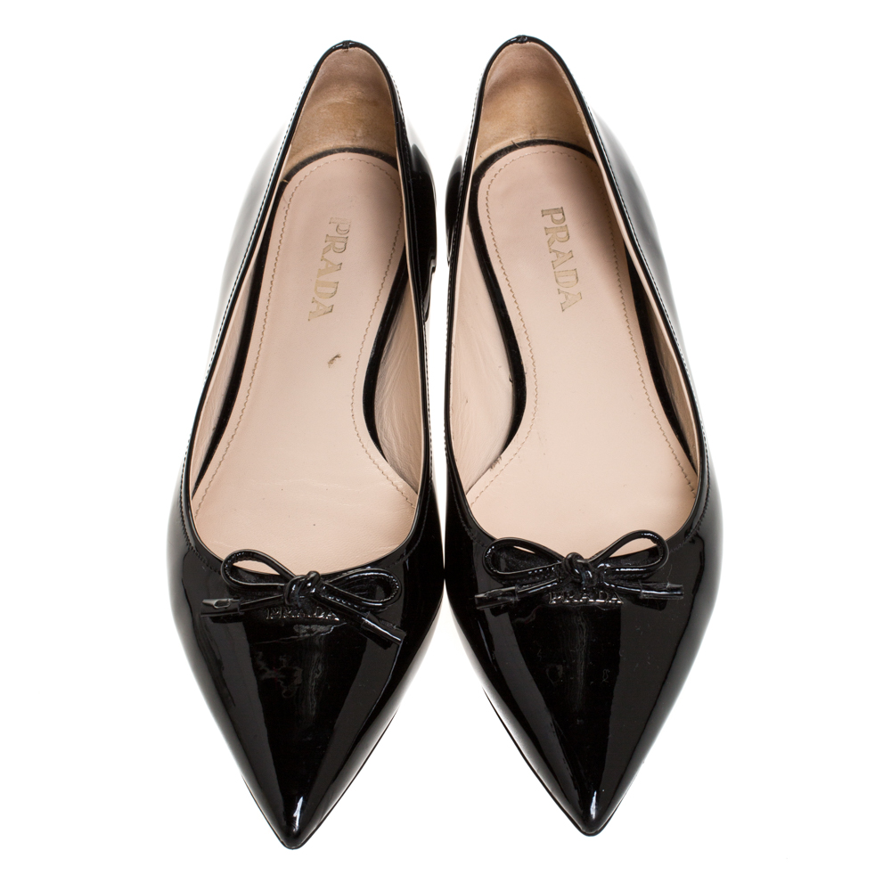 Prada Black Patent Leather Bow Pointed Toe Ballet Flats Size 38 Prada | TLC