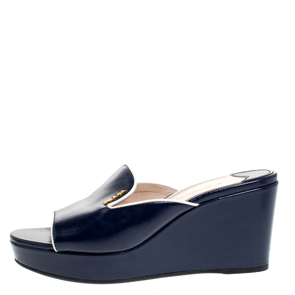 

Prada Navy Blue Patent Leather Peep Toe Platform Wedge Slides Size