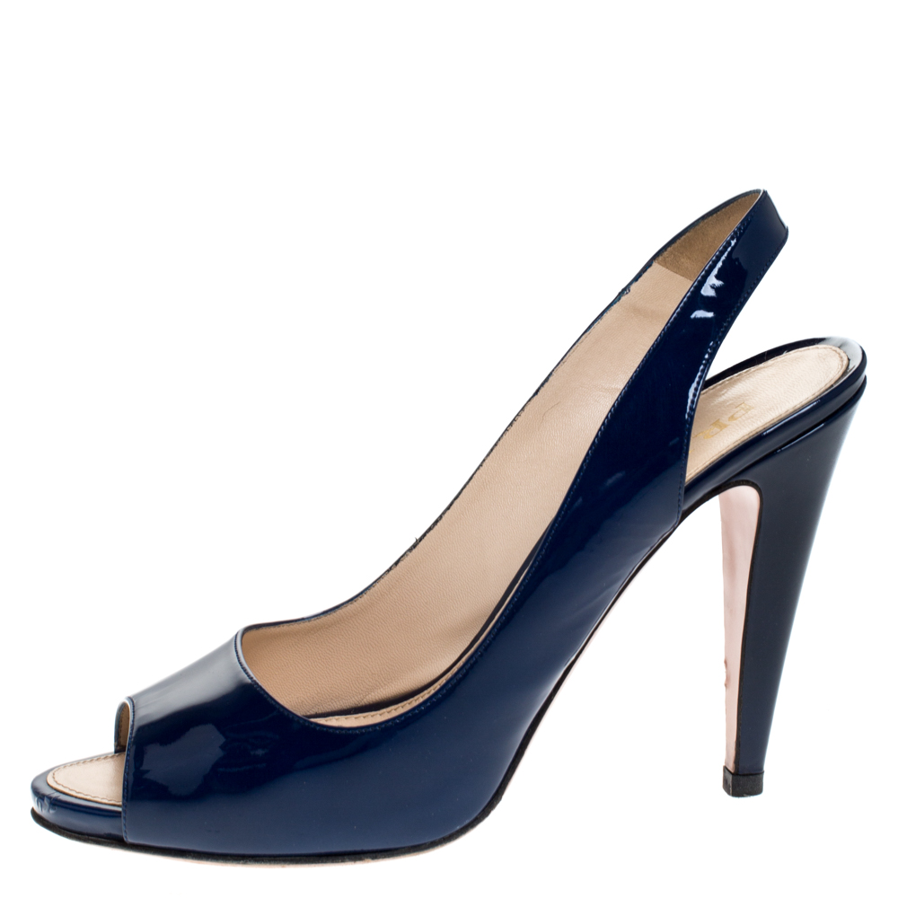 

Prada Blue Patent Leather Peep Toe Slingback Sandals Size