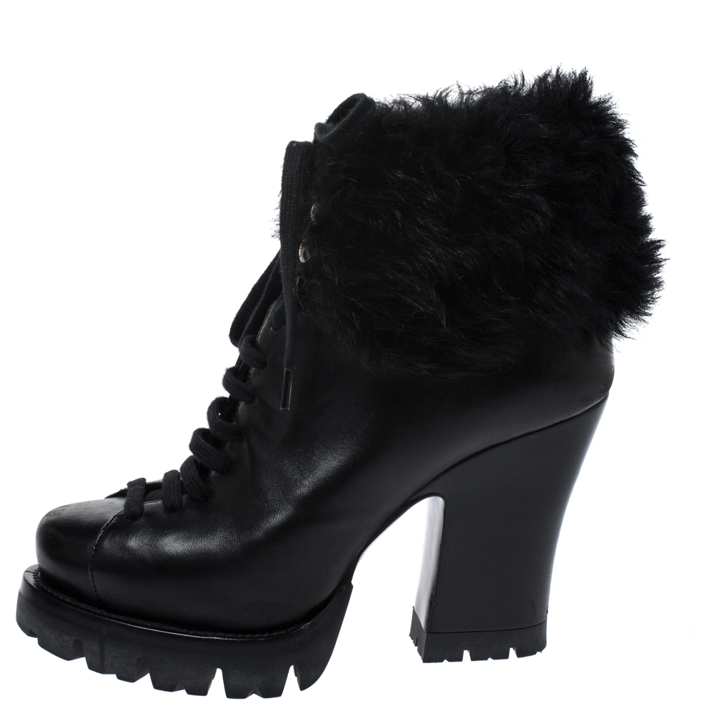 

Prada Black Fur Ankle Lace Up Platform Boots Size