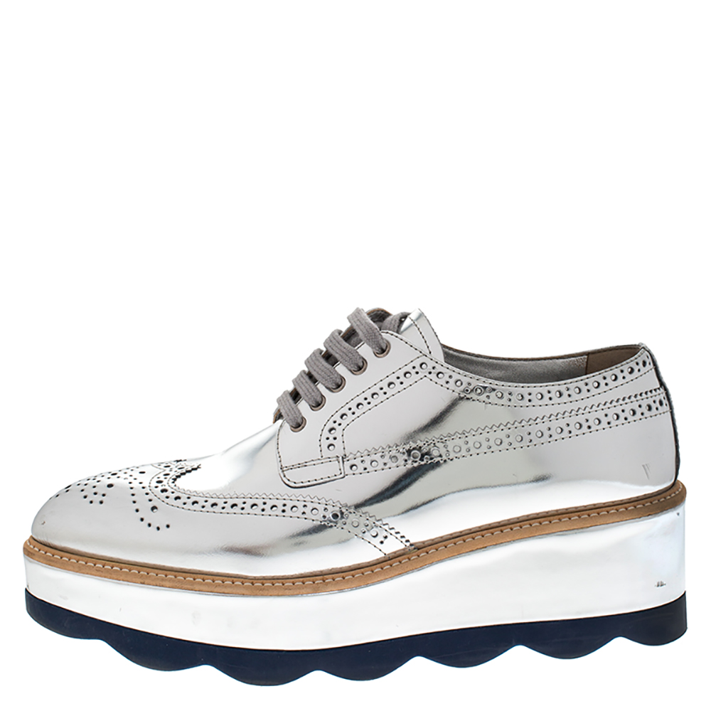 

Prada Metallic Silver Brogue Leather Wave Wingtip Espadrille Platform Derby Sneakers Size