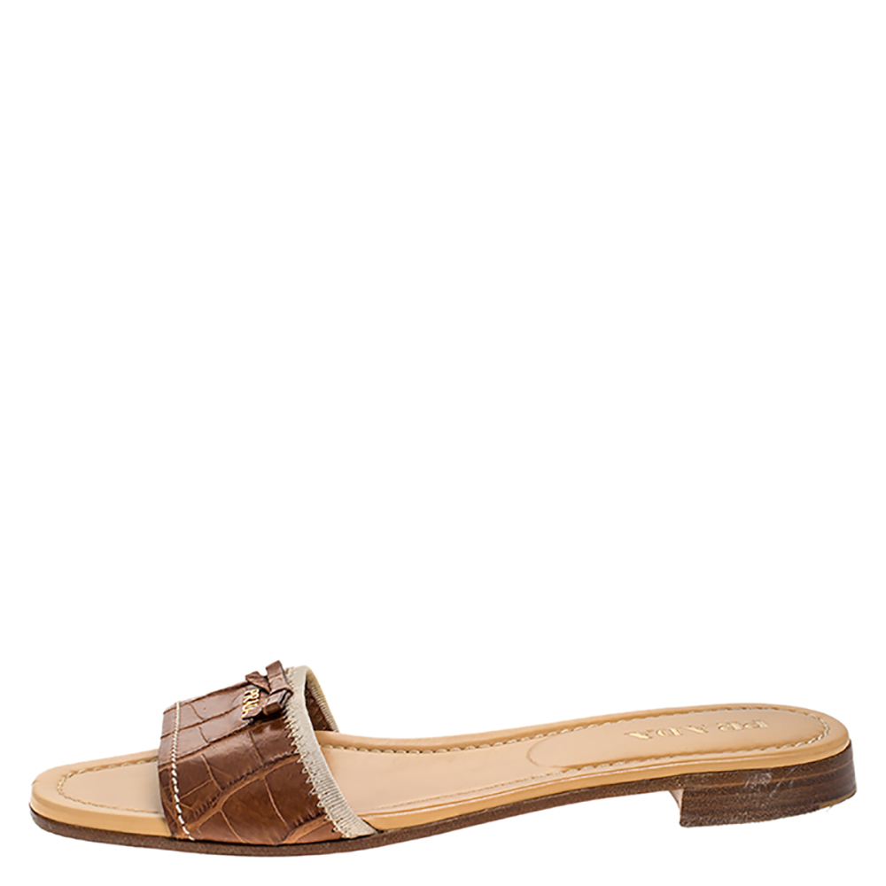 

Prada Brown Croc Embossed Leather Bow Flat Slides Size