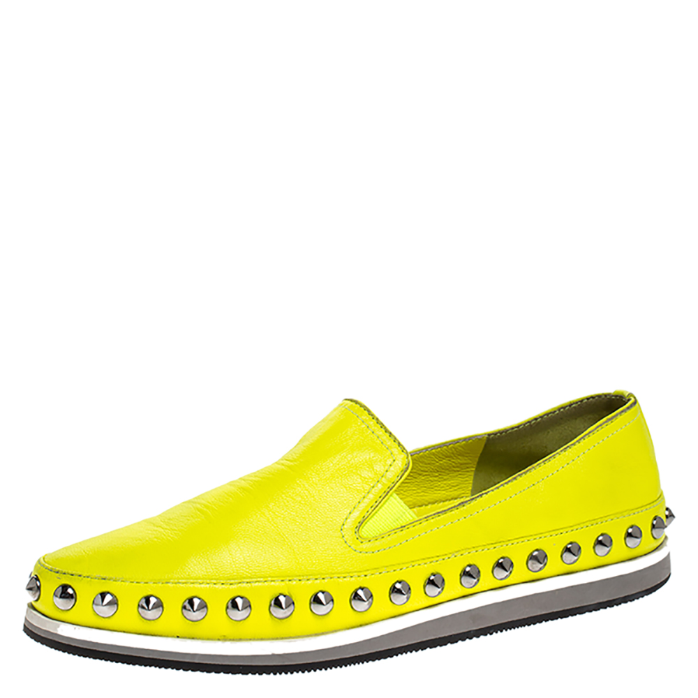 Pre Owned Prada Yellow Leather Studded Slip On Sneakers Size 37