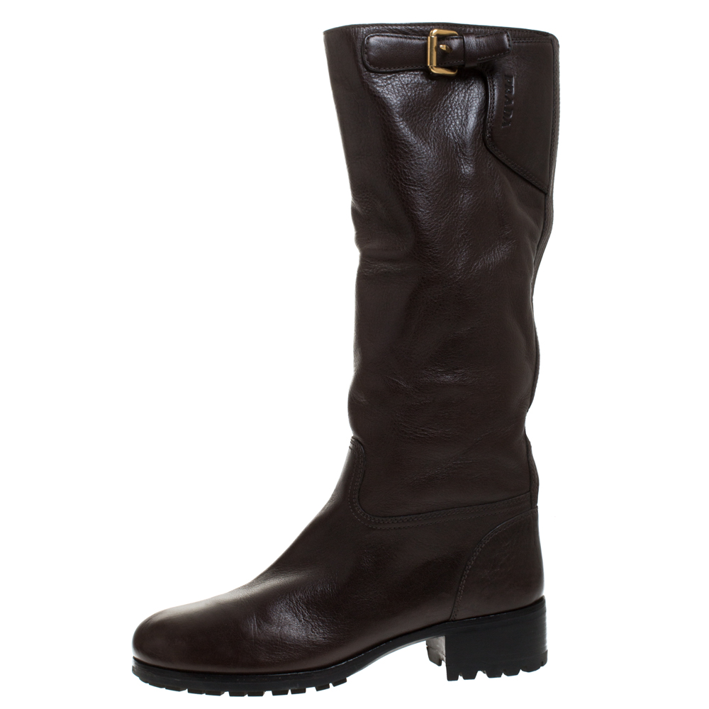 

Prada Brown Leather Block Heel Knee Length Boots Size