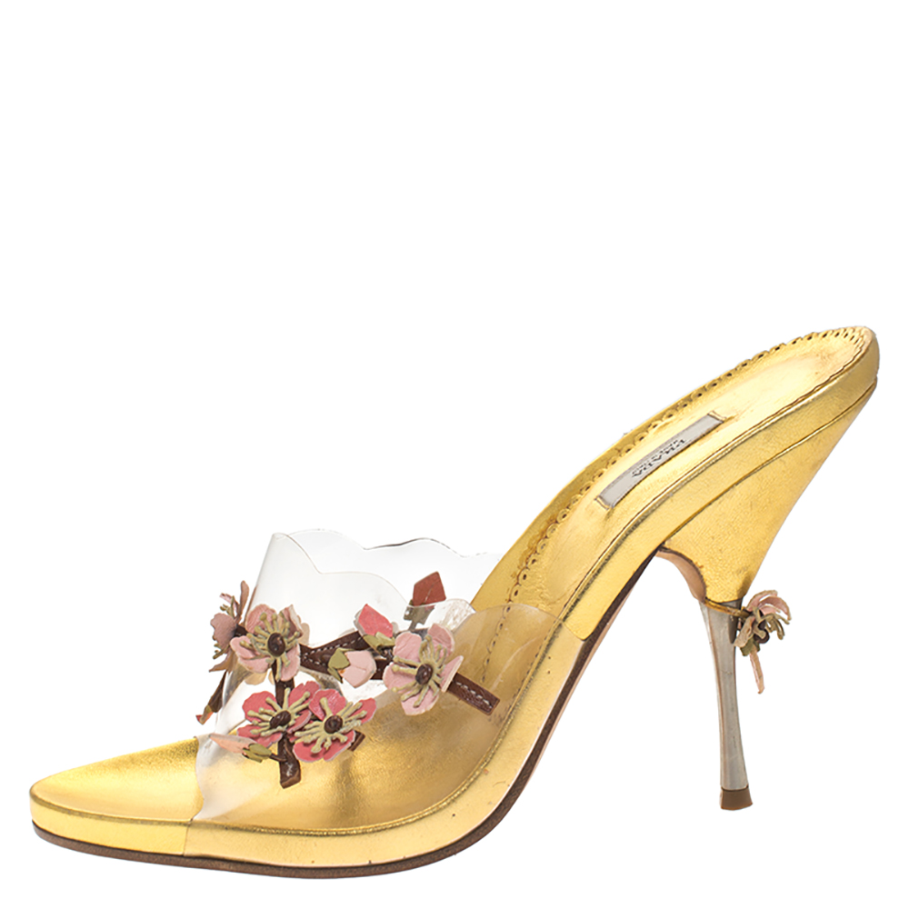

Prada Gold Floral Applique PVC Slide Sandals Size
